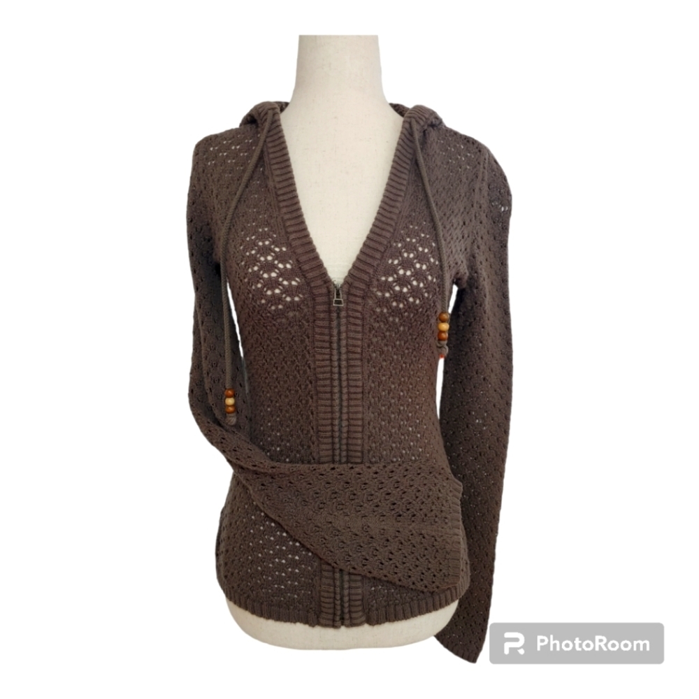 Athleta Crochet Knit Zip Cardigan Beaded Drawstring V Neck Bell Sleeves